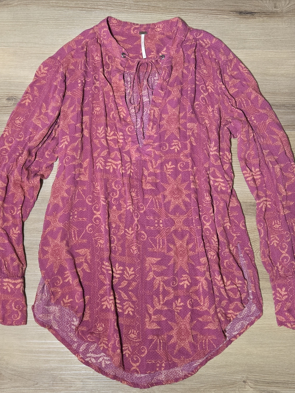 Free People Pink and Peach Patterned Long-Sleeve Tie-Neck Tunic